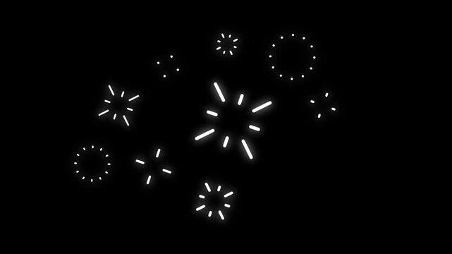 White Neon Glow Fireworks Burst and Dots on Black Background Keywords: fireworks, celebration, burst, explosion, spark, starburst, abstract, graphic, design, element, simple, minimalist, neon glow