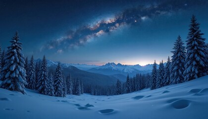 Fototapeta premium Snowy forest landscape under starry night sky. Mountains in distance glow with twilight. Deep space galaxy stretches above quiet winter scene.