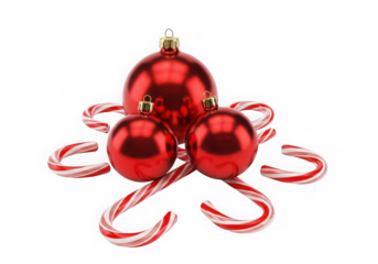 Red christmas ornaments and candy canes isolated on transparent background