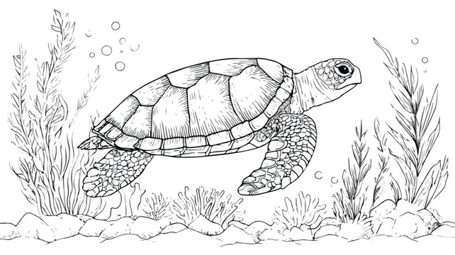 Adorable Underwater Coloring Page with Cute Turtle for Children Educational Material