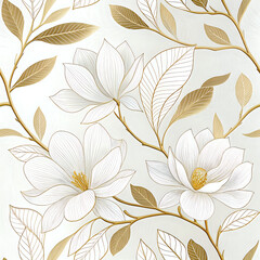 Elegant White Magnolia Pattern with Thin Gold Outlines in Minimal Luxury Style