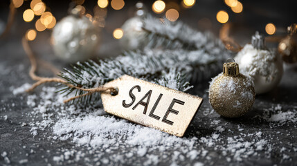 Holiday sale tag placed on snowy surface surrounded by Christmas ornaments and twinkling lights creating a festive atmosphere