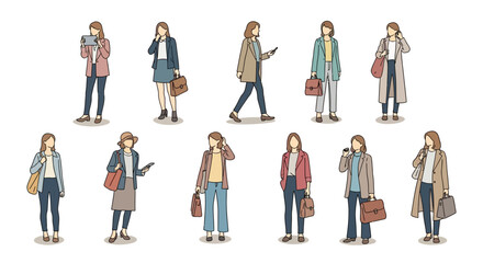diverse vector collection of professional women in various poses standing walking holding bags ideal for modern female lifestyle and corporate themes.