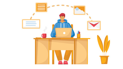 Young man sitting at a desk focused on his laptop with a blue overlay representing modern work or study