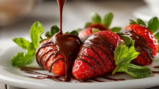 Fresh strawberries drizzled with rich chocolate sauce. Delicious dessert brings joy to celebrations. Perfect for romantic dinners or special occasions.