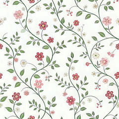 Garden vine pattern with tiny flowers winding across a white background, seamless elegant repetition