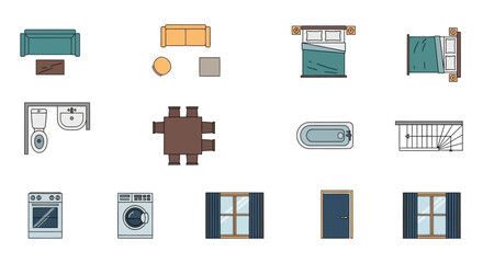 floor plan icons diverse furniture kitchen appliances bathroom fixtures architectural elements for detailed interior design layouts.