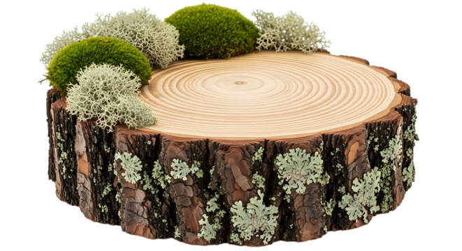 Rustic tree stump decorated with moss and lichen isolated on transparent background