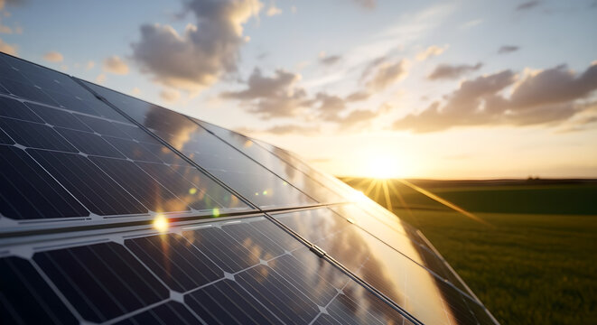 Solar Panels Renewable Energy Green Technology Sunset Golden Hour Field Copy Space
