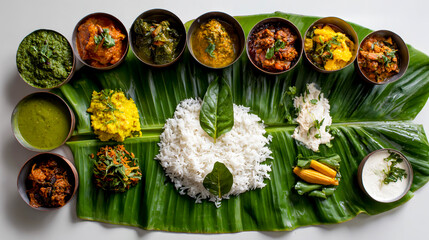Top view of a banana leaf with white rice & various Indian dishes
