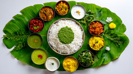 Top view of a banana leaf with white rice & various Indian dishes