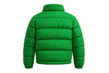 Green puffer jacket, back view, warm winter clothing, insulated sportswear, transparent background