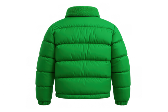 Green puffer jacket, back view, warm winter clothing, insulated sportswear, transparent background