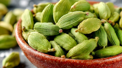 Closeup of a bowl filled with fresh green cardamom pods.