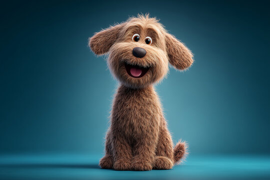 fluffy cartoon dog with big smile, sitting happily against blue background. This adorable character exudes joy and playfulness, perfect for children content