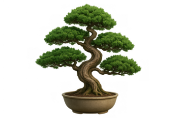 Bonsai tree showing intricate trunk design and lush green leaves, representing peace, harmony, and skilled horticulture. Transparent background