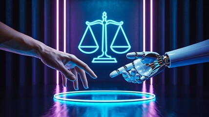 Human and robot hand reaching toward justice symbol in neon light
