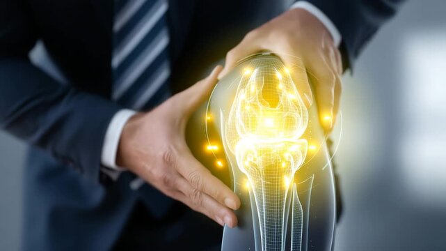 Knee pain management with digital technology. Business professional demonstrates innovative solutions for joint health. Well-being focus promotes health awareness.
