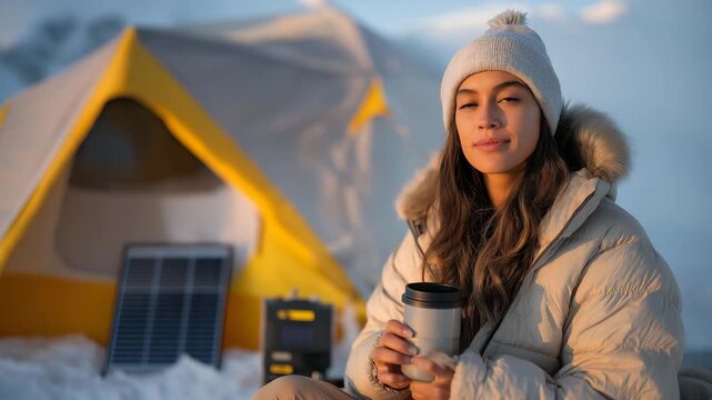 Camper preparing hot coffee near snow-covered tent illuminated by sunrise, portable solar panels placed nearby &mdash; representing sustainable adventure, off-grid living, and winter exploration powered