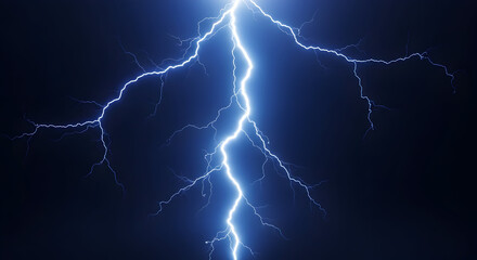 A bright, branching bolt of lightning strikes against a dark, almost black, background, illuminating the sky with electric energy.