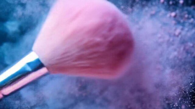 A close-up of a pink makeup brush with a cloud of pink powder surrounding it
