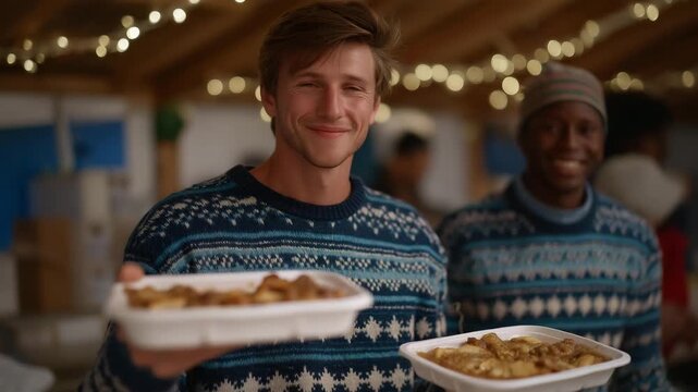Caring volunteers in festive sweaters serving hot Christmas meals to homeless individuals in a cozy shelter dining hall, surrounded by cheerful decorations and twinkling lights — powerful concept