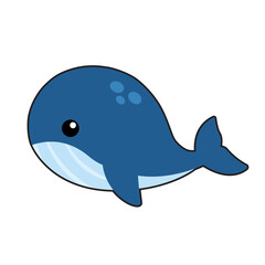 A cute cartoon illustration of a blue whale with a round body and a small eye.