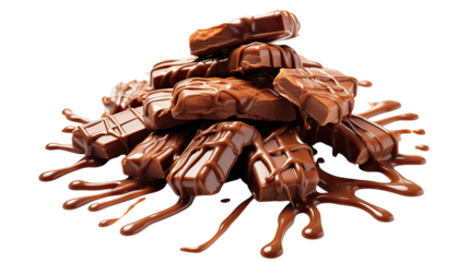 Milk chocolate pieces with melted chocolate drizzle isolated on pure white background