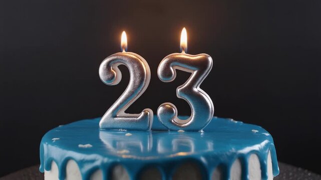 Brightly burning silver number 23 candles illuminating a festive blue birthday cake, marking a joyous twenty-third year celebration or significant milestone against a dark, elegant background
