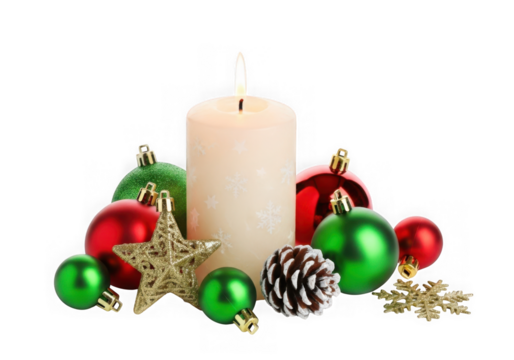 Christmas candle and ornaments isolated on transparent background