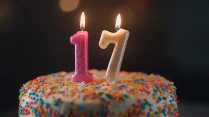 Happy 17th Birthday Cake with Flaming Candles and Sprinkles Close-up