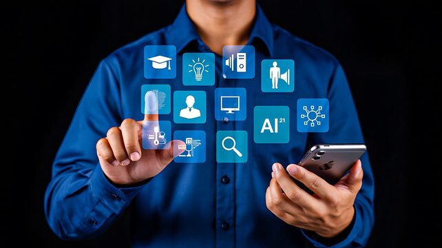 Man using digital interface icons with smartphone on dark background
 - Powered by Adobe