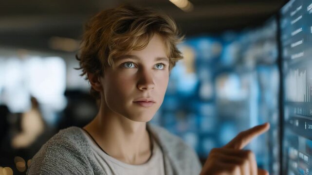 Close-up of a young learner interacting with touchscreens showing 3D course modules and progress analytics, highlighting online education accessibility, futuristic learning technology, and student