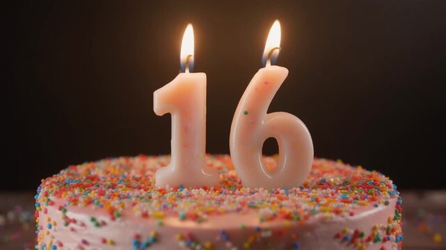 A festive sweet sixteen birthday cake featuring the number 16 formed by glowing lit candles on a background