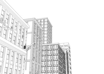Black and white contour drawing of a city street scene with tall buildings and numerous windows. The minimalist illustration stands out against a plain white background.