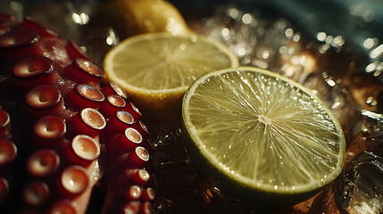 Closeup of octopus tentacles with lime slices culinary delight.