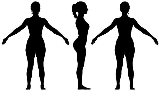 A female silhouette in a shirt and underwear stands with arms outstretched against a stark white background. The repeated figure creates a striking, minimalist composition.