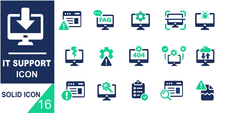IT support and troubleshooting icons including error ,FAQ and more vector illustration solid icon