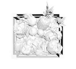 Polygonal wooden crate filled with fresh fruit and vegetable on a clean white background. The animated fruit basket has a lively geometric style. Top view