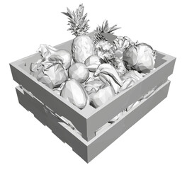 Polygonal wooden crate filled with fresh fruit and vegetable on a clean white background. The animated fruit basket has a lively geometric style.