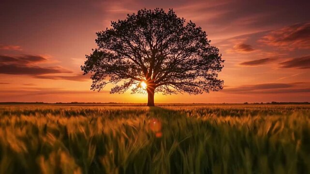 A majestic solitary tree is silhouetted against a breathtaking sunset, standing alone in a vast agricultural field. The warm, golden light of the setting sun creates a beautiful starburst effect throu