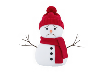 Sad snowman with red hat and scarf isolated on transparent background