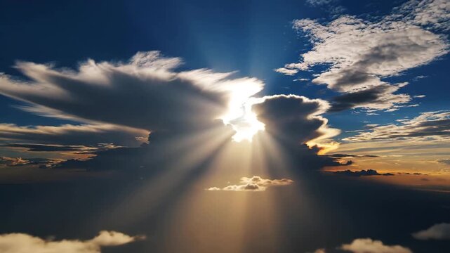 Cinematic Aerial Flight Above Clouds with Sun Rays Breaking Through