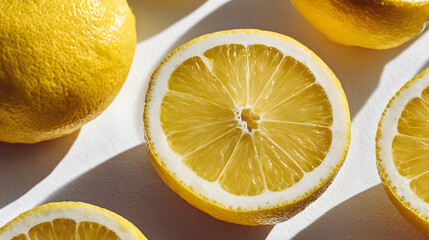 Closeup of sliced lemons on a white surface vibrant and fresh.