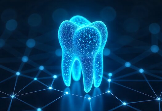 A futuristic digital tooth concept showcasing dental technology, innovative diagnostics, modern imaging solutions, healthcare advancements, oral care systems, hygiene improvements, and AI-powered.