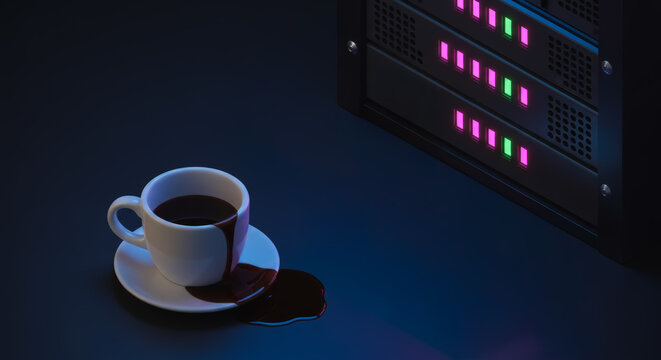 A spilled coffee cup sits precariously close to a server rack, depicting a moment of chaos in the digital realm. A reminder of the unexpected.