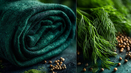 Closeup of rolled green fabric and fresh dill with seeds.