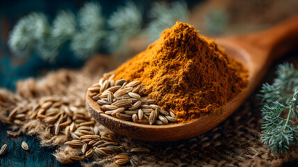 Closeup of Spices Turmeric Powder and Cumin Seeds.