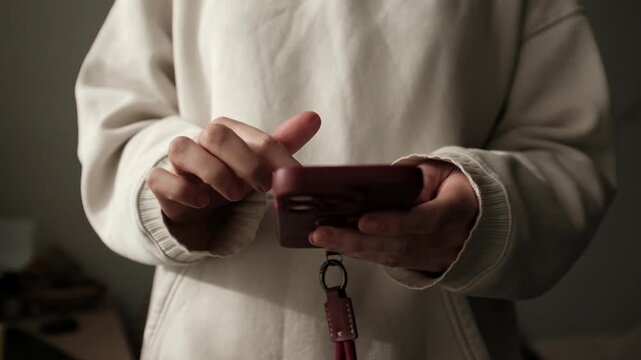 Closeup video of a young woman doom scrolling a smartphone. Addictive behaviour. Modern world problem. Social media marketing. Working through smartphone.