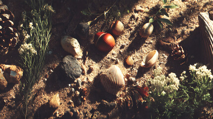 Closeup of shells and stones on the ground with plants.